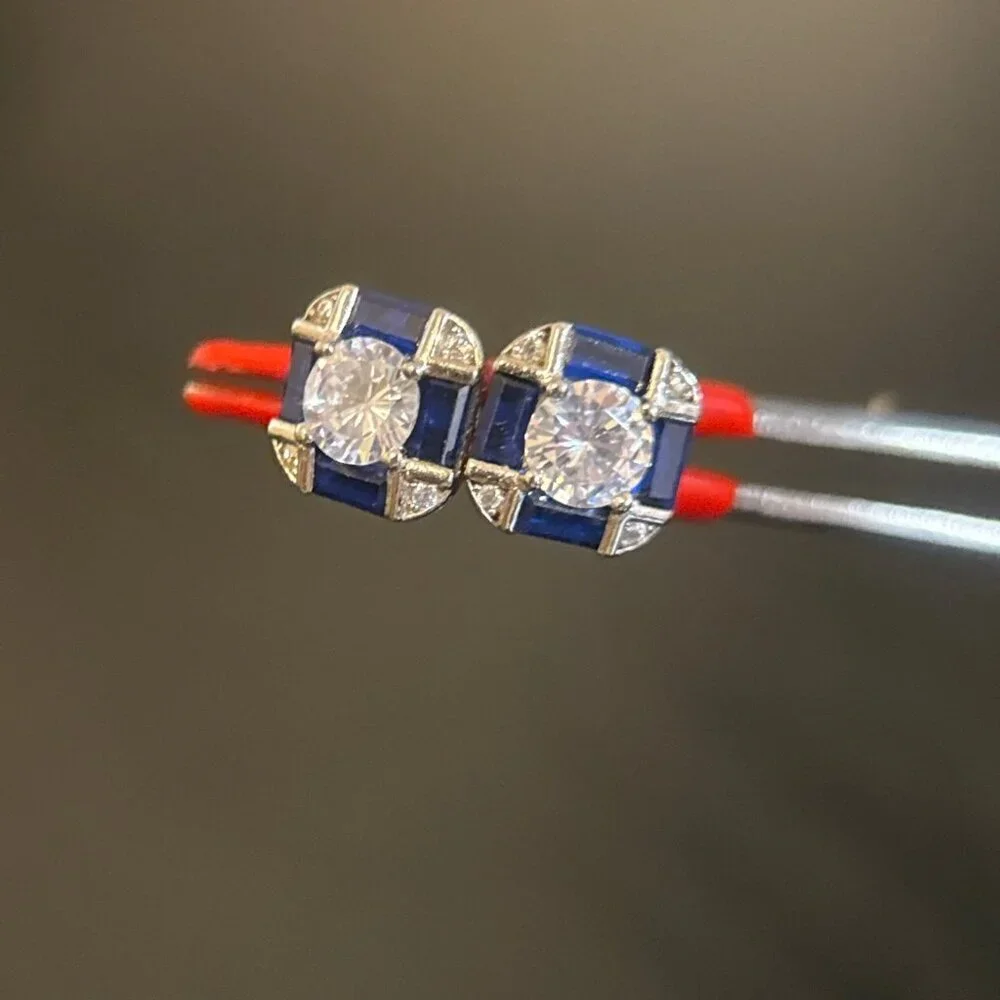 Sterling Silver 925 Blue/White Cz Stud Earrings‎
